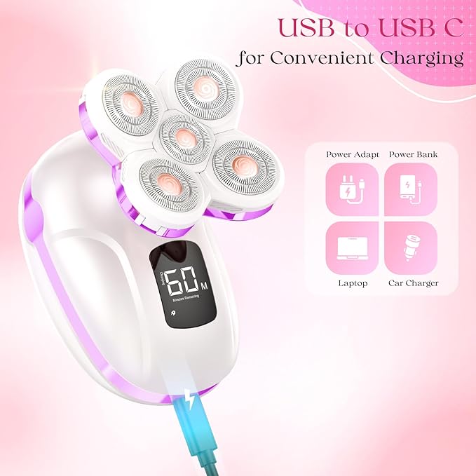 Electric Razors for Women, Rechargeable Rotary Painless Shaver for Legs Bikini Facial Hair Removal, Body Wet/Dry Razor Water Resistant Grooming Kit, Cordless Womens Trimmer for Lady Grooming (Purple)