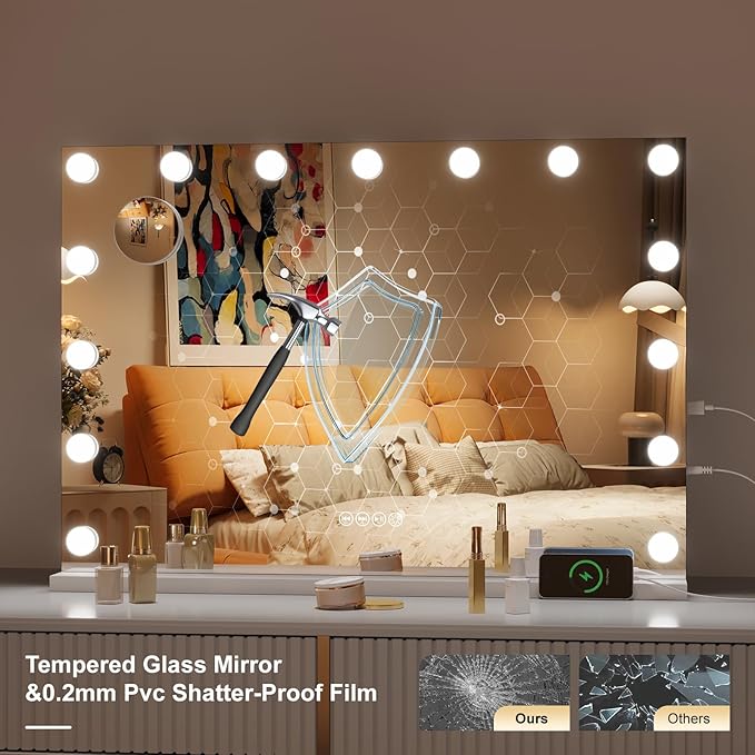 Hasipu Hollywood Vanity Mirror with Lights and Bluetooth Speaker, 32" x 22" Makeup Mirror with 15 Dimmable LED Bulbs 3 Color Modes, 5X Magnifying Glass, Touch Control, USB and Type-C, Tempered Glass