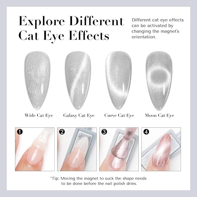 AZUREBEAUTY Cat Eye Nail Polish Fast Drying Silvery Glitter Nail Polish Moonlight Natural Glassy Shine Salon Quality for Women Girl Gifts