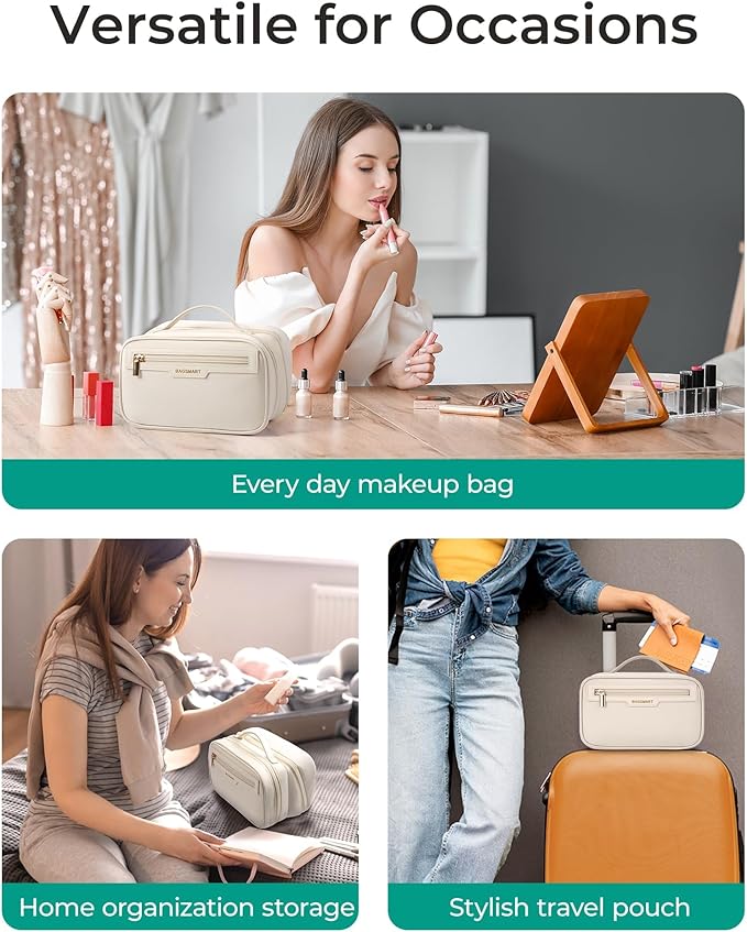 BAGSMART Travel Makeup Bag Large Capacity Cosmetic Bag, Wide-open Portable Make Up Bag Organizer for Women for Travel Essentials Travel-Size Toiletries Accessories Bottles, Brushes (Warm Gray)