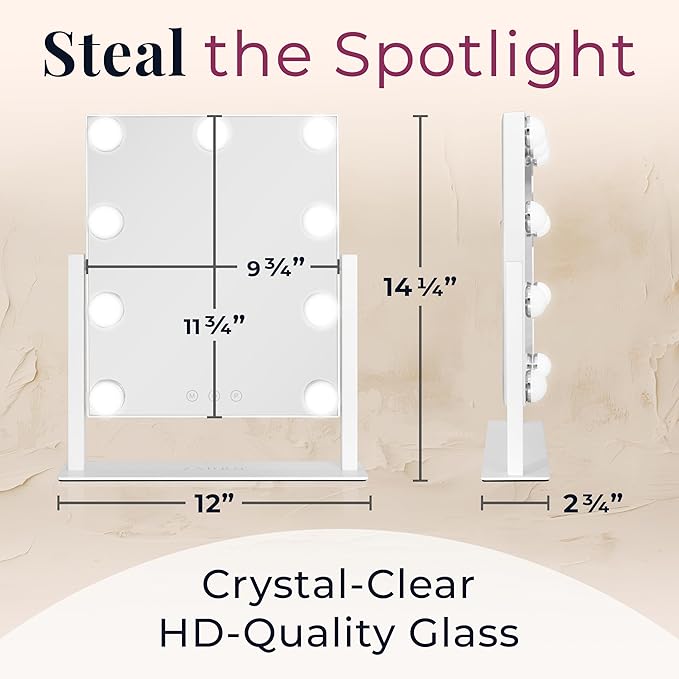 Zadro Hollywood Lighted Vanity Mirror with 9 LED Bulbs, 3 Color Light Settings, 360° Rotation Makeup Mirror Head (14" H x 12" W | 1X | White)
