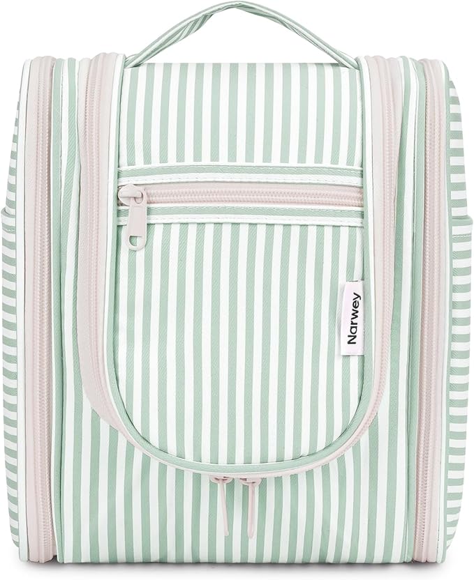 Narwey Small Striped Hanging Travel Toiletry Bag for Women, Travel Bag for Toiletries, Makeup Bag Organizer Cosmetic Bags Make Up Bags for Women (Mint Green Stripe)