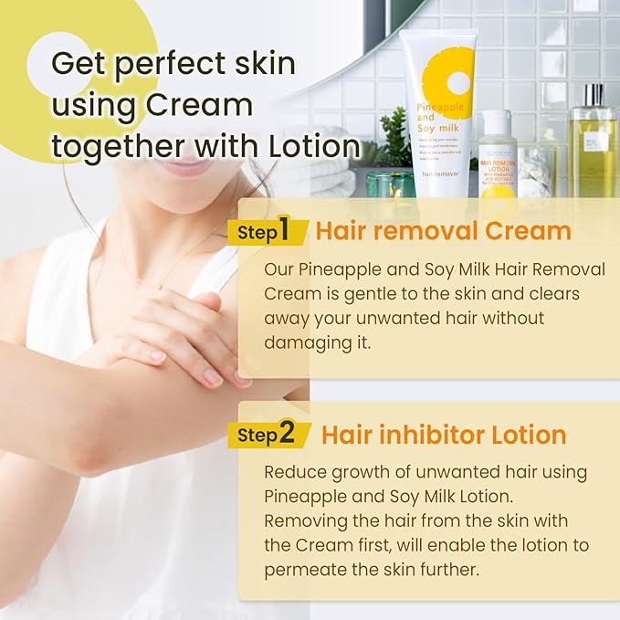 Hair Removal Cream (8.1 OZ / 230g) and Hair Minimizing Lotion (3.52 FL. OZ / 100mL) with Pineapple and Soymilk for Sensitive Skin, Made in Japan