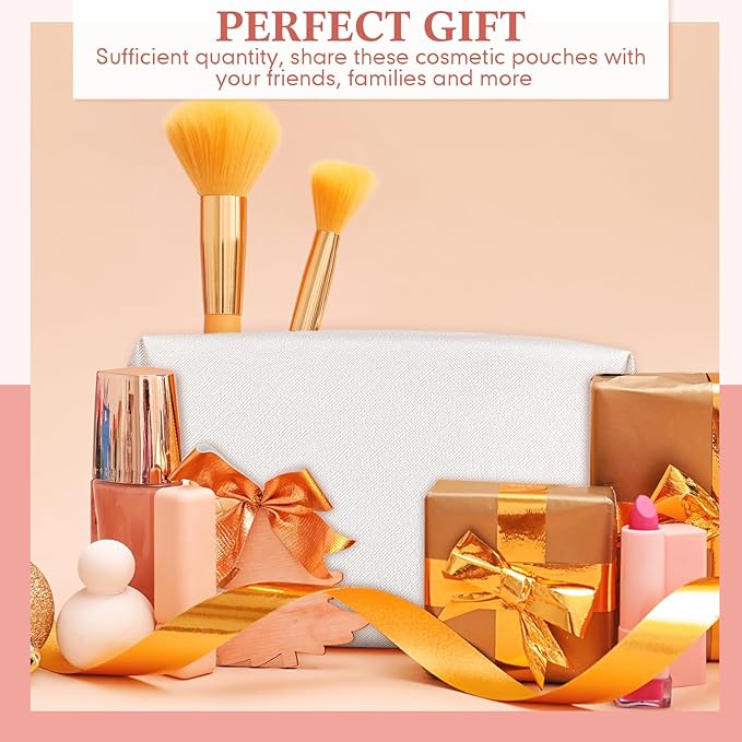 Cunno 50 Pcs Makeup Bag Bulk PU Leather DIY Cosmetic Plain Preppy Makeup Pouch Portable Waterproof Toiletry Bags for Women Travel Pencil Case Cosmetic Organizer, Ivory White