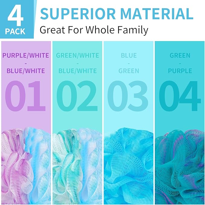 Bath Loofah Shower Sponge Body Back Scrubber Soft Mesh Shower Puffs Exfoliating Loofa for Women & Men Bath Accessories Cleaning Tool (4Pcs 75G, Extra Large)
