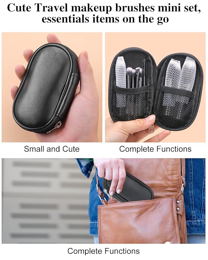 Mini Travel Makeup Brushes Portable Set, 14 Pieces, Full Complete Function Cosmetic Kit with Brush Pouch, On the Go Short Makeup Brush Small Travel Essentials for Women, Girls (Black)