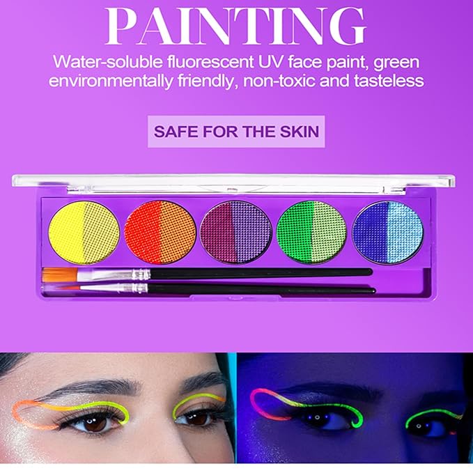 2 Packs Water Activated Eyeliner Palette, Halloween Neon Rainbow Colorful Face Body Paint Colored Liner Makeup Matte Eyeliner with Eyeliner Brushes U V Glow Fluorescent Black White Paint Makeup Set