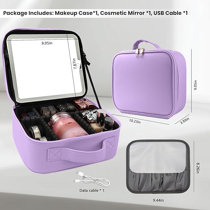 Travel Makeup Bag with LED Mirror and Light Travel Makeup Case Cosmetic Organizer Portable Cosmetic Brush Organizer Bag with Adjustable Dividers for Cosmetics Makeup Brushes Toiletry(Purple)
