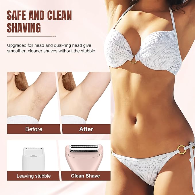 Karrte 2-in-1 Women Electric Shaver Dual Head Bikini Trimmer, Razors for Shaving Pubic Hair, Wet and Dry Cordless Painless Hair Removal for Private Area Pink