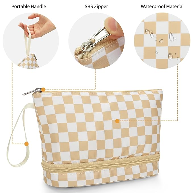 Ethereal Small Makeup Bag, khaki Checkered 2 Layers Travel Cosmetic Bag with Makeup Brush Holder, Portable Makeup Pouch for Women/Girls