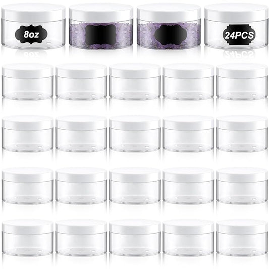 Dandat 24 Pcs 8 oz Plastic Jar Container with Lid and Label Refillable Empty Round Clear with White PET Cosmetic Sample Containers for Lotion, Cream, Ointments, Body Butter, Makeup, Travel Storage