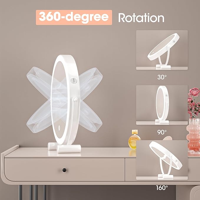 Hasipu 10-inch Lighted Makeup Mirror with 7X Magnification, White Frame Rechargeable 3000 mAh Vanity Mirror with Lights, Desk Mirror with Dimmable Brightness, 3 Lighting Modes