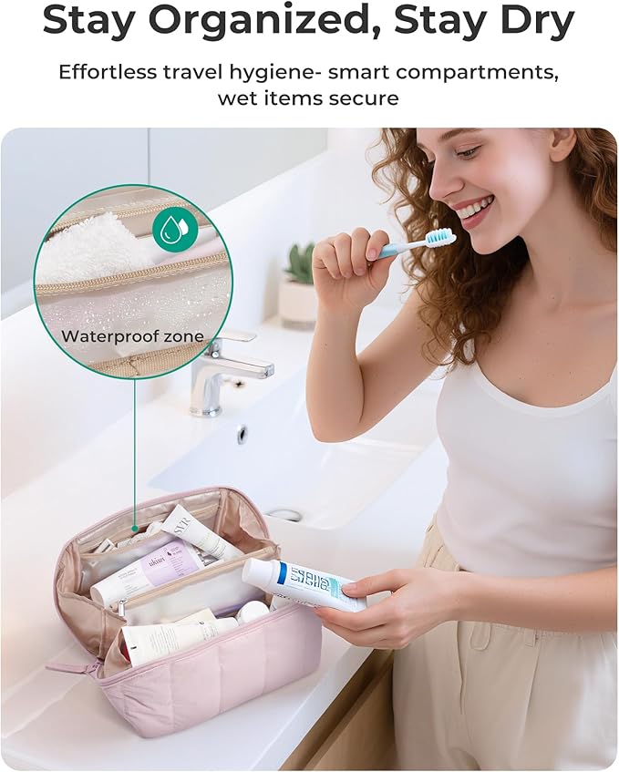 BAGSMART Travel Makeup Bag for Women, Portable Water-resistant Cosmetic Case, Puffy Padded Make Up Organizer Pouch, Open Flat Toiletry Bag for Toiletries, Brushes, Pink