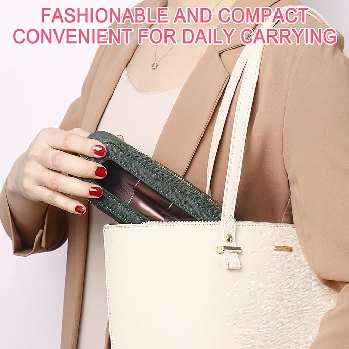 Pinkmik Travel Makeup Bag with Brush Holder Portable Clear Cosmetic Case Waterproof Toiletry Bag Cosmetic Organizer for Women (X/Green, L+SLIM)