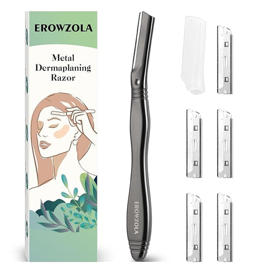 Eyebrow Razor for Women and Men, Face Razors for Women, Dermaplane Razor with Protective Silicone Cover, Reusable Metal Handle with 6 Refill Blades, Skin Care Tool - Matte Black
