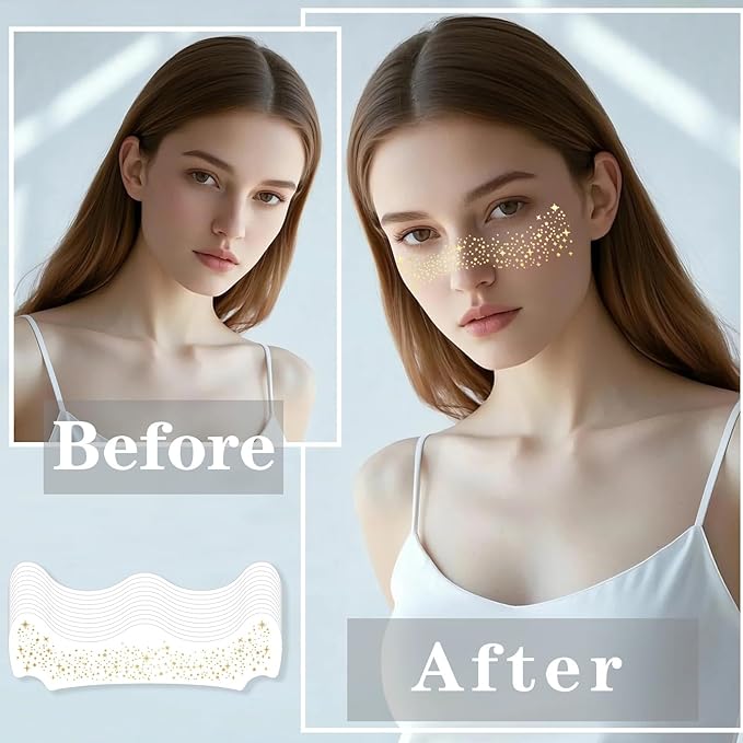 Glitter Freckles, Holographic Face and Body Glitter Tattoo Sparkle for Women Gold Glow Cosmetic Star Makeup Accessories for Festival Rave (12pcs Gold)