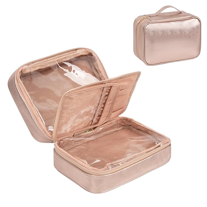 OCHEAL Makeup Bag, Makeup Travel Bag Large Capacity Waterproof Cosmetic Organizer with Makeup Brush Compartment & Handle for Women Girls Travel Toiletry Accessories-Rose Gold
