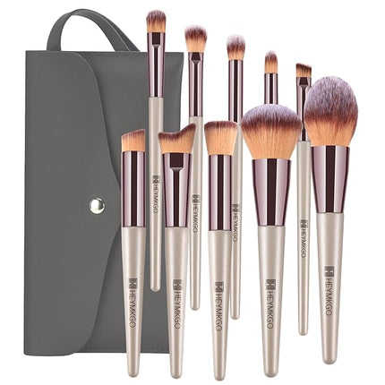 Makeup Brushes Set, HEYMKGO Portable Makeup Brush Set Professional Champagne Gold Premium Synthetic Foundation Brush Powder Concealers Eye Shadows Blush with Cosmetic Bag 10PCS Common Types