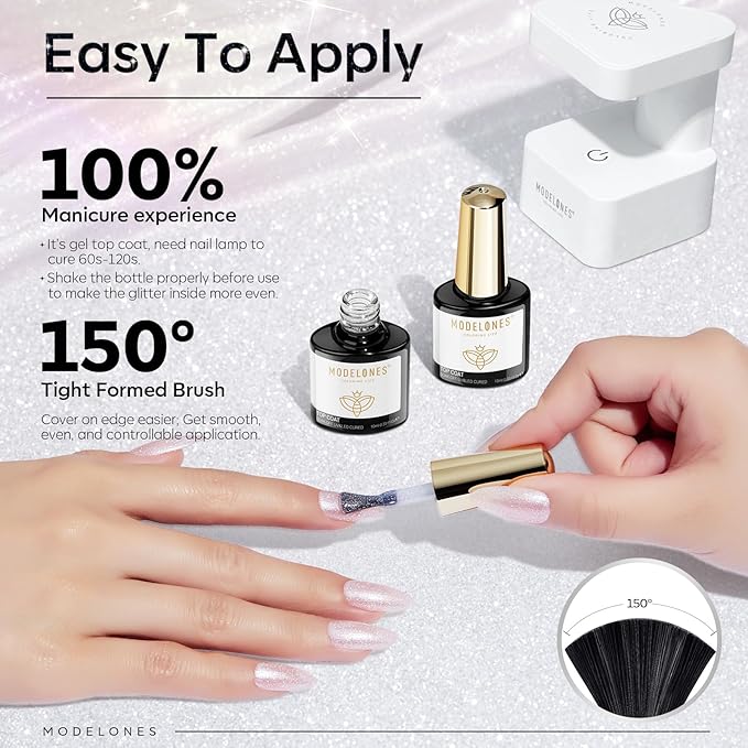 Modelones Glitter Gel Top Coat, Ultra Fine White Aurora Clear Glitter Gel Polish Glossy Sparkle Finish Long Lasting Soak Off Pearlescent Shimmer Manicure Nail Art Gift for Women Girls