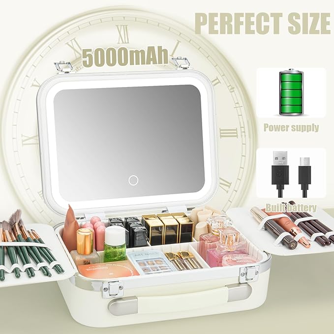 Travel Makeup Train Case With LED Lights, 3 Brightness Adjustable Portable Makeup Organizer, Professional Adjustable Divider Storage Waterproof Makeup Train Case Accessories and Toolboxes