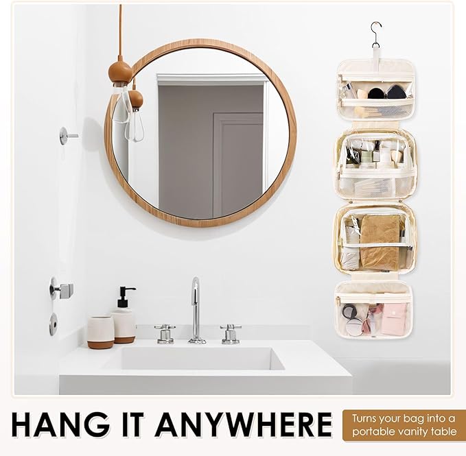 Travel Toiletry Makeup Bag for Women Hanging Toiletry Bag Cosmetic Organizer Make up Bags for Women Travel Makeup Essentials, Beige