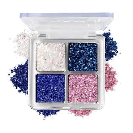 K'APEINE Glitter Shimmer Eyeshadow Makeup Palette, 4Colors Sparkle Eye Shadow Palettes Highly Pigmented Makeup Kit Long Lasting Waterproof Blendable Eyeshadow Palette