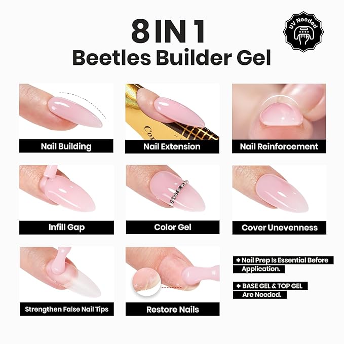 Beetles Builder Gel Low Heat-Dew Glow 0.34 oz 8 in 1 Strengthening Apex Building Nail Extension for Beginner DIY Salon at Home,Clear Builder Nail Gel,Fall Nails,UV & LED Lamp Needed