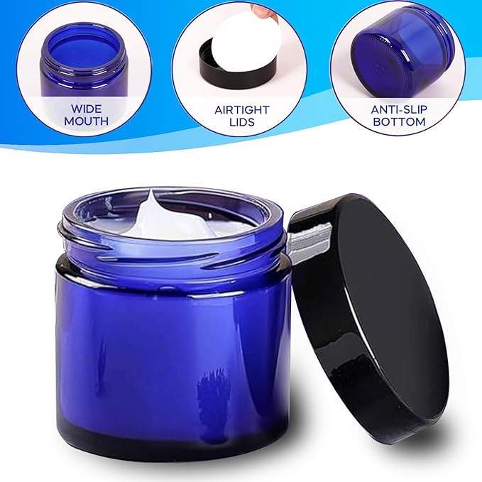 24 Pack 2 oz Round Blue Glass Cosmetic Jars with Inner Liners and Black Lids, Travel Jars, Refillable Containers for Makeup, Cream, Lotion, Sugar Scrubs, Eye Shadow, Slime, Paint, Jewelry