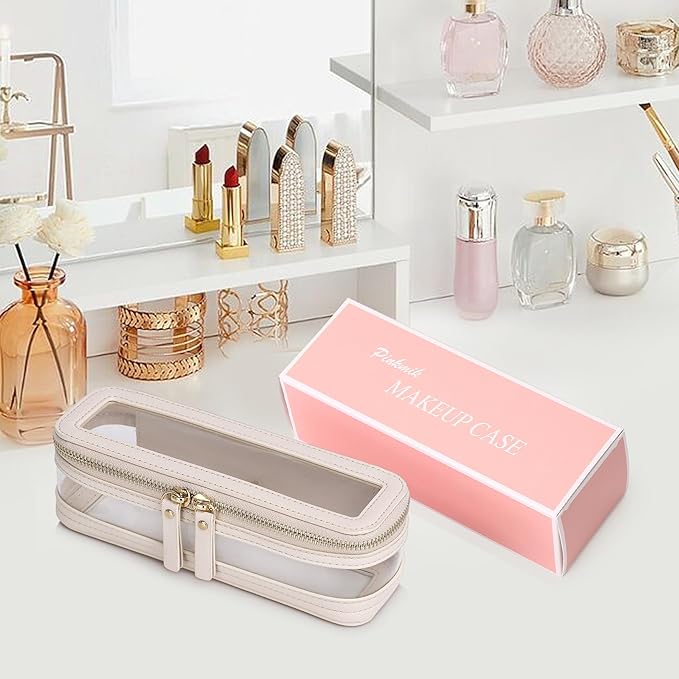 Pinkmik Makeup Brush Case Clear Travel Cosmetic & Toiletry Bag Slim Makeup Bag with Zipper Small Purse Organizer Car Essential Bag for Women (Beige, SLIM-1)