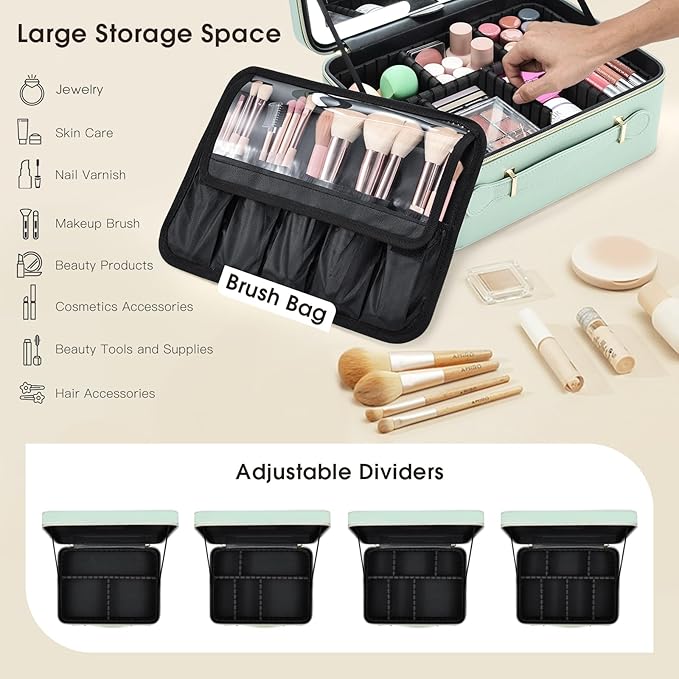 Leather Makeup Case with LED Lighted Mirror 11.4 Inch Travel Makeup Bag Adjustable Brightness in 3 Colors Cosmetic Organizer Artist Storage Bag with Dividers Brush Holder Storage Vanity Watery Blue