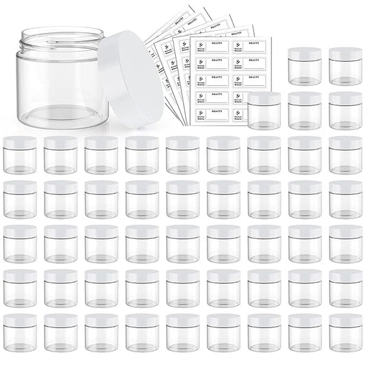 50 Pack 2 OZ Plastic Jars Round Clear Cosmetic Container Jar with White Lids, Eternal Moment Plastic Slime Jars for Lotion, Cream, Ointments, Makeup, Eye shadow, Rhinestone, Samples, Travel Storage