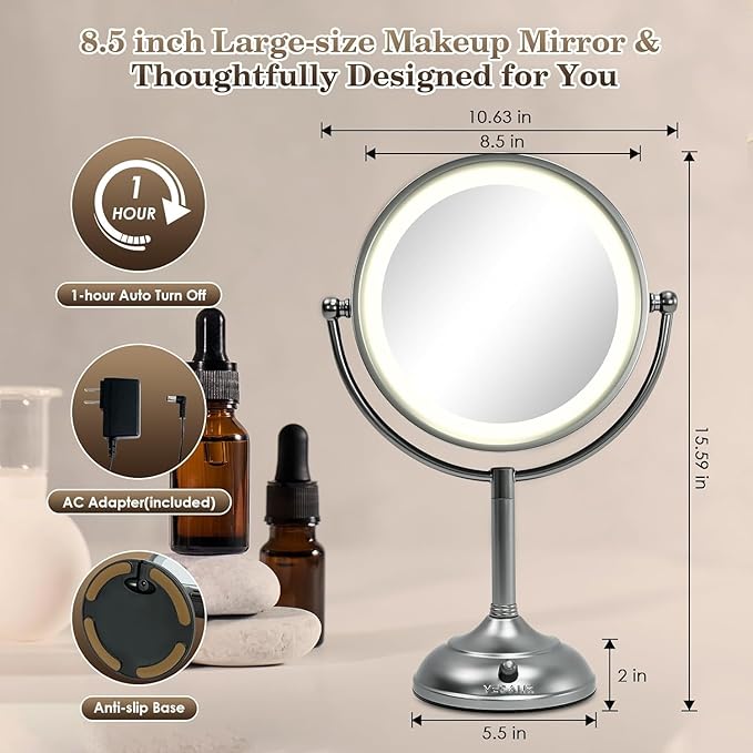 VESAUR Professional 8.5" Lighted Makeup Mirror, 1X/10X Double Sided HD Undistorted Magnifying Mirror with 3 Color 90 Dimmable LED lights, 360° Rotation Vanity Mirror, Unique Black Nickel with Gift Box