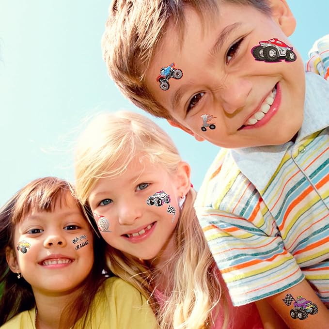 Temporary Tattoos for Kids, 75 PCS Truck Tattoos for Hot Wheel Birthday Party Decoration Favor, Metallic Tattoos, Monster Truck, Car Racing, Checkered Flag, Flames Tattoo for Boys Girls