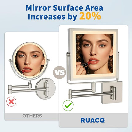 Ruacq Rechargeable Wall Mounted Makeup Mirror with Lights, Double Sided 1X/10X Magnifying Vanity Mirror with 3 Color Light, Touch Screen Dimmable, 360° Rotation Extension Foldable Arm(Brushed Nickel)