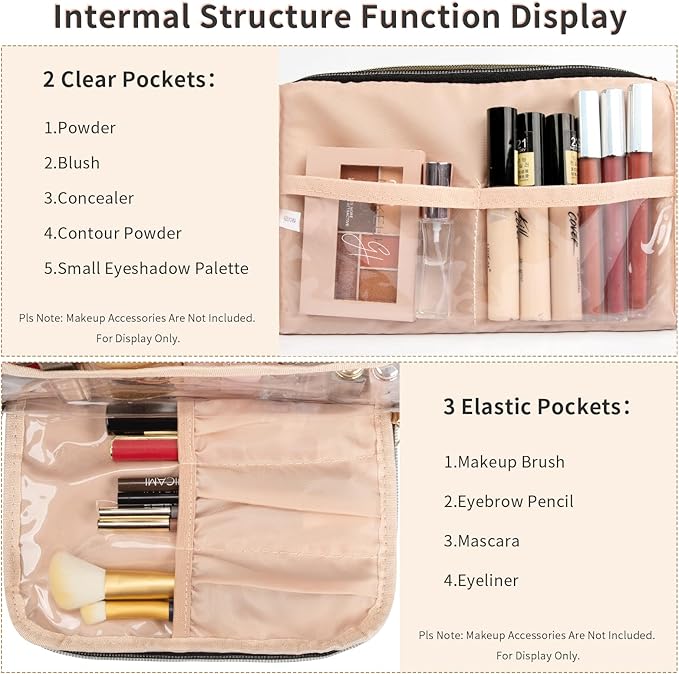 Makeup Bag, Small Cosmetic Bag with Makeup Brush Comparment, 2 in 1 Cute Make Up Organizer Pouch for Women Girls, Portable Travel Toiletry Bag