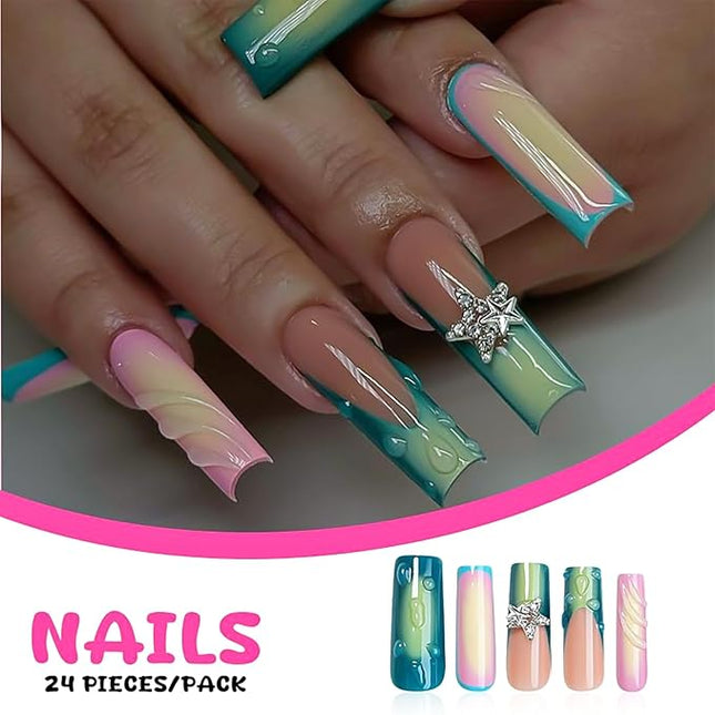 RUOKEXIN Long Square Press on Nails Green Ombre French Fake Nails Pink Ombre False Nails with 3D Star Designs Long Square Nail Press ons Sparkly Glue on Nails Cute Stick on Nails for Women 24Pcs