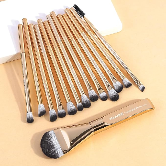 MAANGE 14-Piece Makeup Brush Set with Aluminum Ferrule- Premium Synthetic Makeup Brushes Kit Foundation Brush Eye Shadow for Beginners & Professionals(Gold)