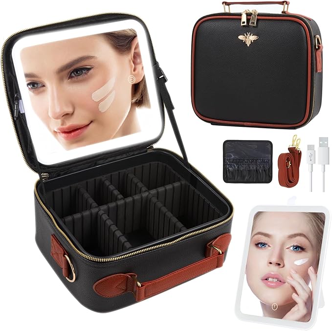 Travel Makeup Bag with Mirror of LED Lighted, Rechargeable Cosmetic Train Case Artist Makeup Organizer for Women with Adjustable Dividers, Makeup Brushes Holder and Strap (CosMirr-Black02)