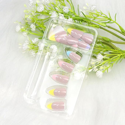 Short Press on Nails Almond Colorful French Tips Fake Nails with French Designs Glossy Glue on Nails Press ons Cute Acrylic Nail Pink Full Cover Artificial Stick on Nails for Women 24 Pcs