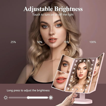 HUONUL Makeup Mirror, Vanity Mirror with Lights, 2X/3X/10X Magnification, Touch Control, Trifold Mirror, Dual Power Supply, Valentines Day Gifts for Her,Gifts for Women, Wife, Mom, Teengirls