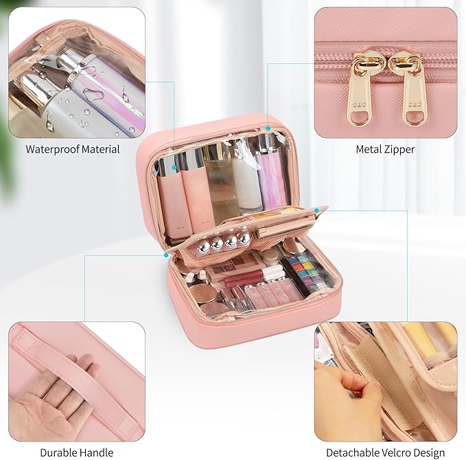 OCHEAL Makeup Bag, Makeup Travel Bag Large Capacity Cosmetic Organizer Bag with Makeup Brush Compartment & Handle for Women Girls Travel Toiletry Accessories-Pink