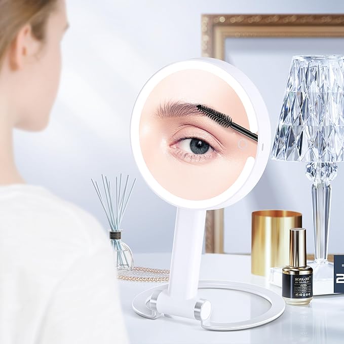 Makeup Mirror with Lights, 20X Magnifying Mirror with Light and Adjustable Brightness,Vanity Mirror with Lights and 3 Colors, 2-Sided Travel Mirror with Light, Tabletop Mirrors for Home and Outside