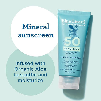 Blue Lizard SENSITIVE Mineral Sunscreen with Zinc Oxide, SPF 50+, Water Resistant, UVA/UVB Protection with Smart Cap Technology - Fragrance Free, 3 oz. Tube