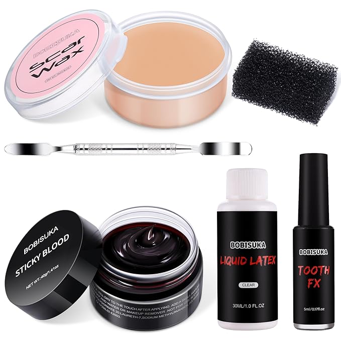 BOBISUKA 6 Piece Halloween SFX Special Effects Makeup Kit - Fake Blood Gel + Clear Liquid Latex + Black Tooth Paint + Modeling Scar Wax with Spatula Tool and Black Stipple Sponge All in One