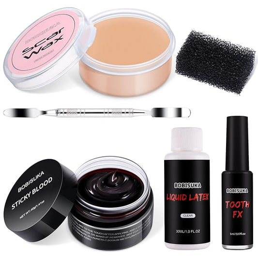 BOBISUKA 6 Piece Halloween SFX Special Effects Makeup Kit - Fake Blood Gel + Clear Liquid Latex + Black Tooth Paint + Modeling Scar Wax with Spatula Tool and Black Stipple Sponge All in One