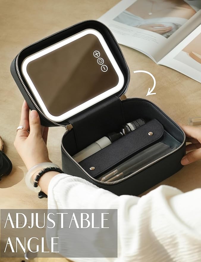 Popvibe Travel Makeup Bag with LED Mirror, Compact Make Up Vanity Case with Brush Storage and Top Handle, Light Up Makeup Case Traveling Leather Cosmetic Bag, Portable Medium Sized Train Case, Black