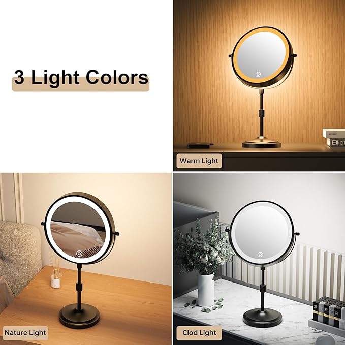 9" Magnifying Mirror with Lights 20X, Height Adjustable Lighted Makeup Mirror with Magnification, 5000mAh Rechargeable Battery, Dimmable, 3 Lighting Colors, Black