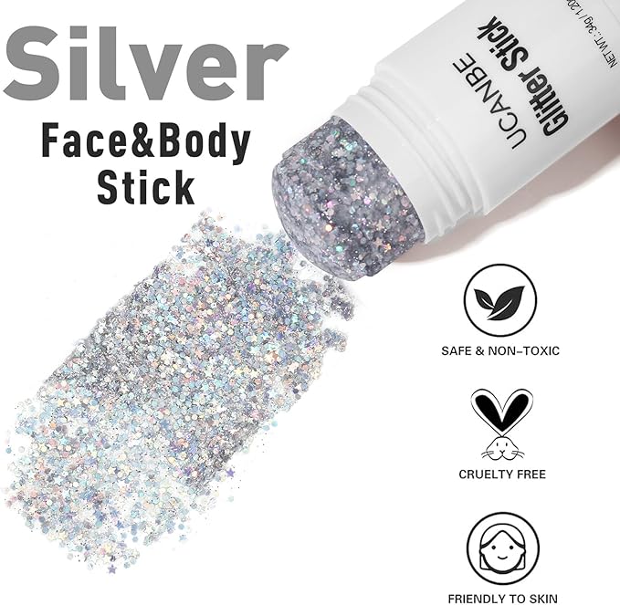 UCANBE Silver Body Glitter Stick for Singer Concerts Music Festivals, Face Glitter Makeup for Face Body Hair Eyes & Lips, Chunky Glitter Sparkling Mermaid Sequins for Women 1.2OZ