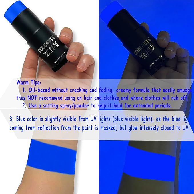 CCbeauty Neon Blue Face Paint Stick, UV Blue Face Painting Kit, Full Coverage SFX Makeup Foundation, Professional Non-Toxic Body Paint for Halloween Costume Cosplay Party, Glow In The Dark Makeup