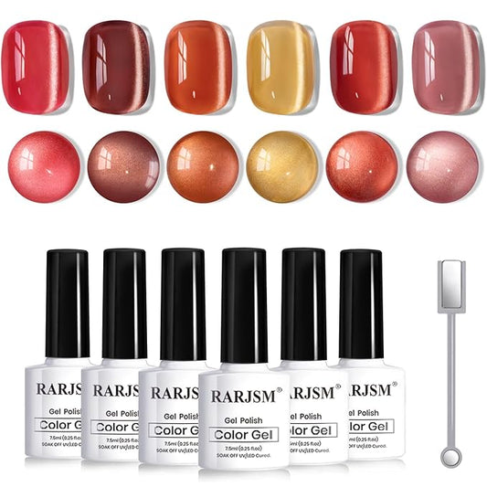 RARJSM Amber Ceramic Cat Eye Gel Nail Polish Set 6 Pcs Metallic Brown Dark Burgundy Orange Cooper Red Gray Mauve Velvet Silver Glitter Cateye Gel Polish with Magnetic Stick UV LED Curing Require Fall